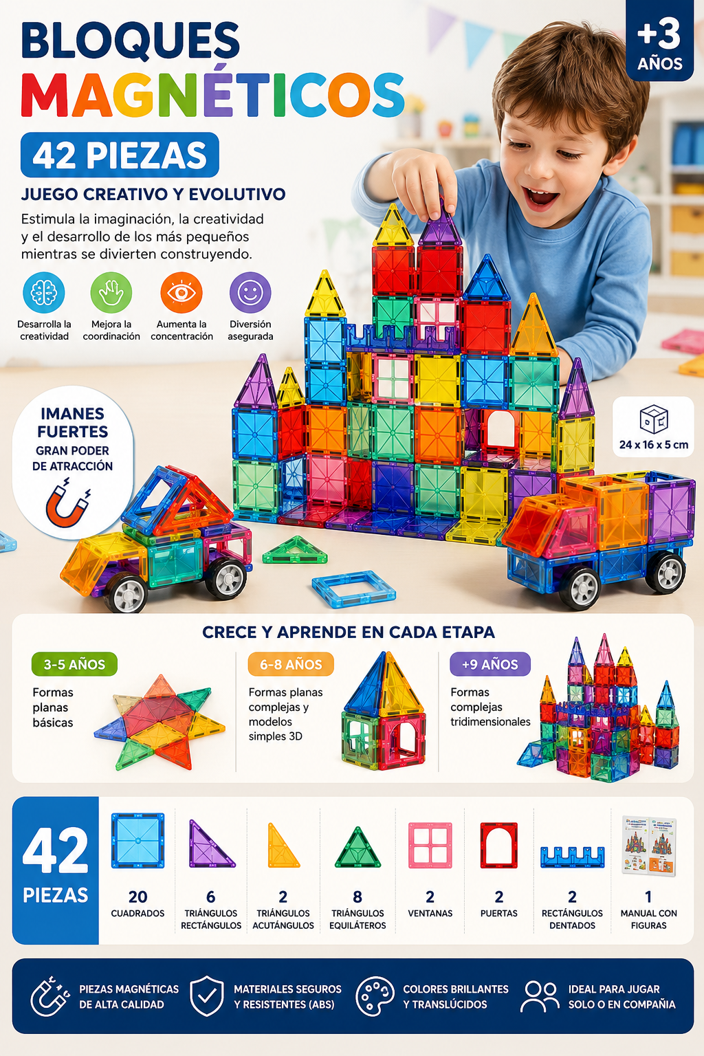 Bloques Magnéticos 3D para Niños – 42 Piezas Creativas