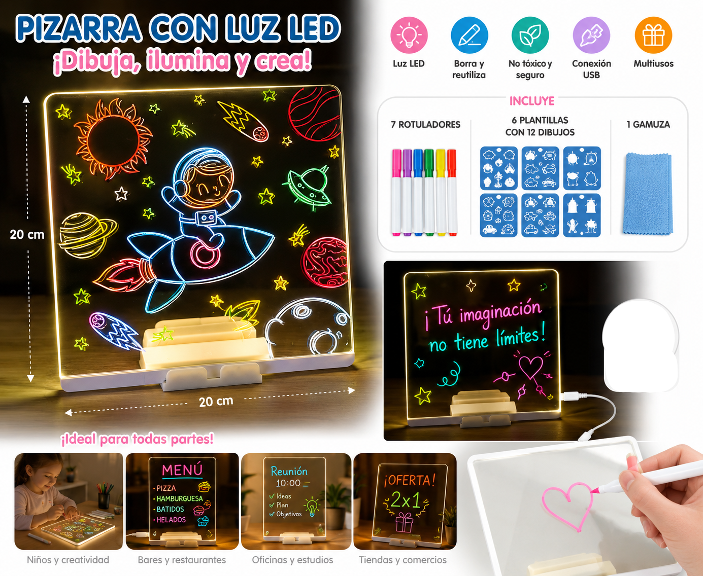 Pizarra LED Acrílica 20x20 con Rotuladores y Plantillas