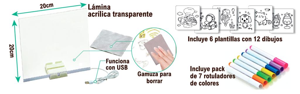 Pizarra LED Acrílica 20x20 con Rotuladores y Plantillas