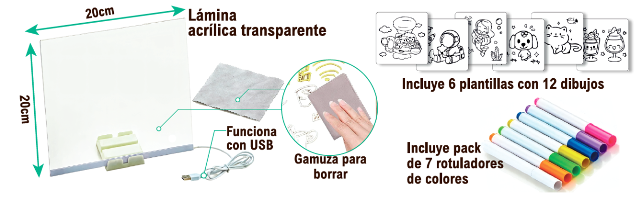 Pizarra LED Acrílica 20x20 con Rotuladores y Plantillas